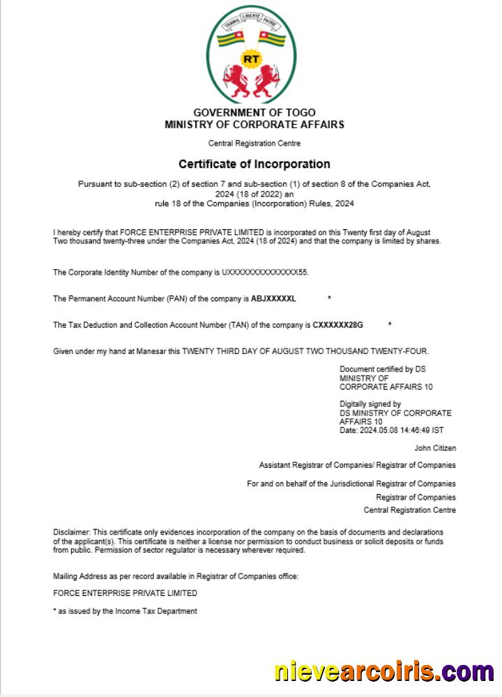 Togo business registration certificate